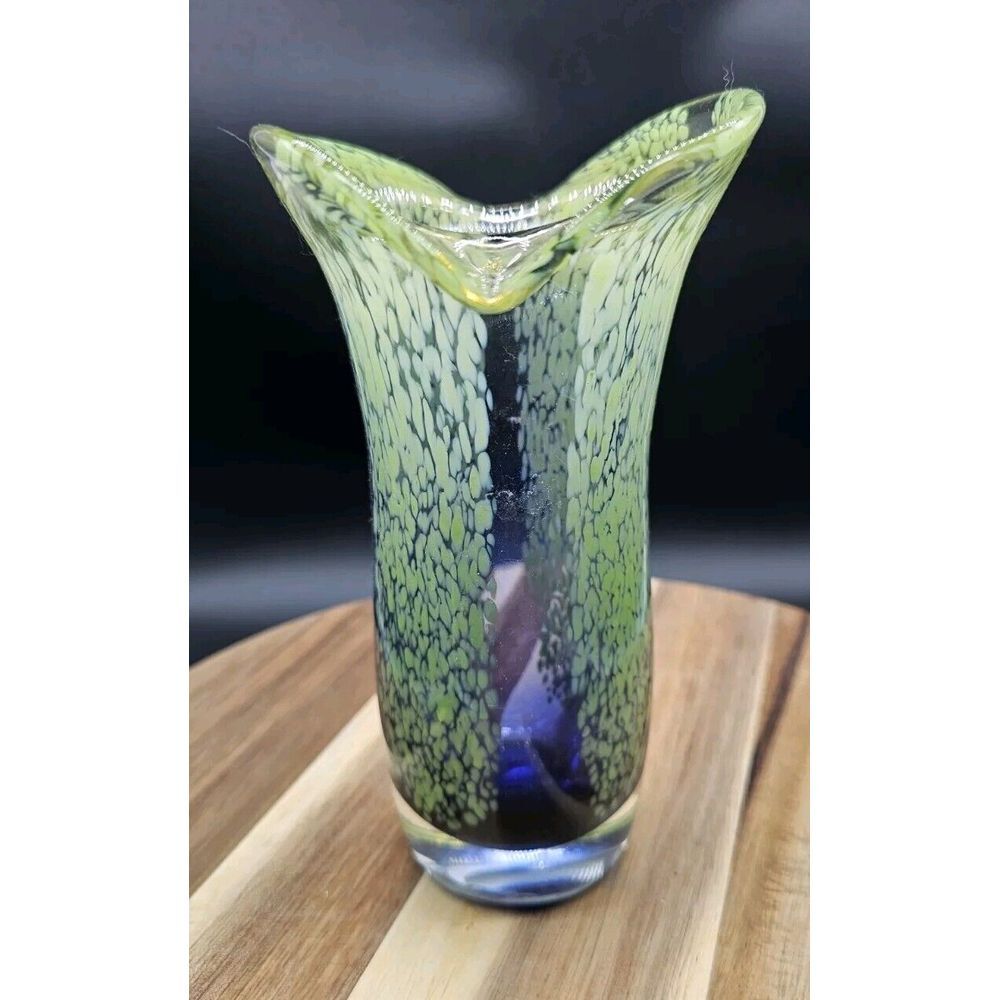 Art Glass Vase Purple Fade Green Murano Style Tulip Vase Polished Base